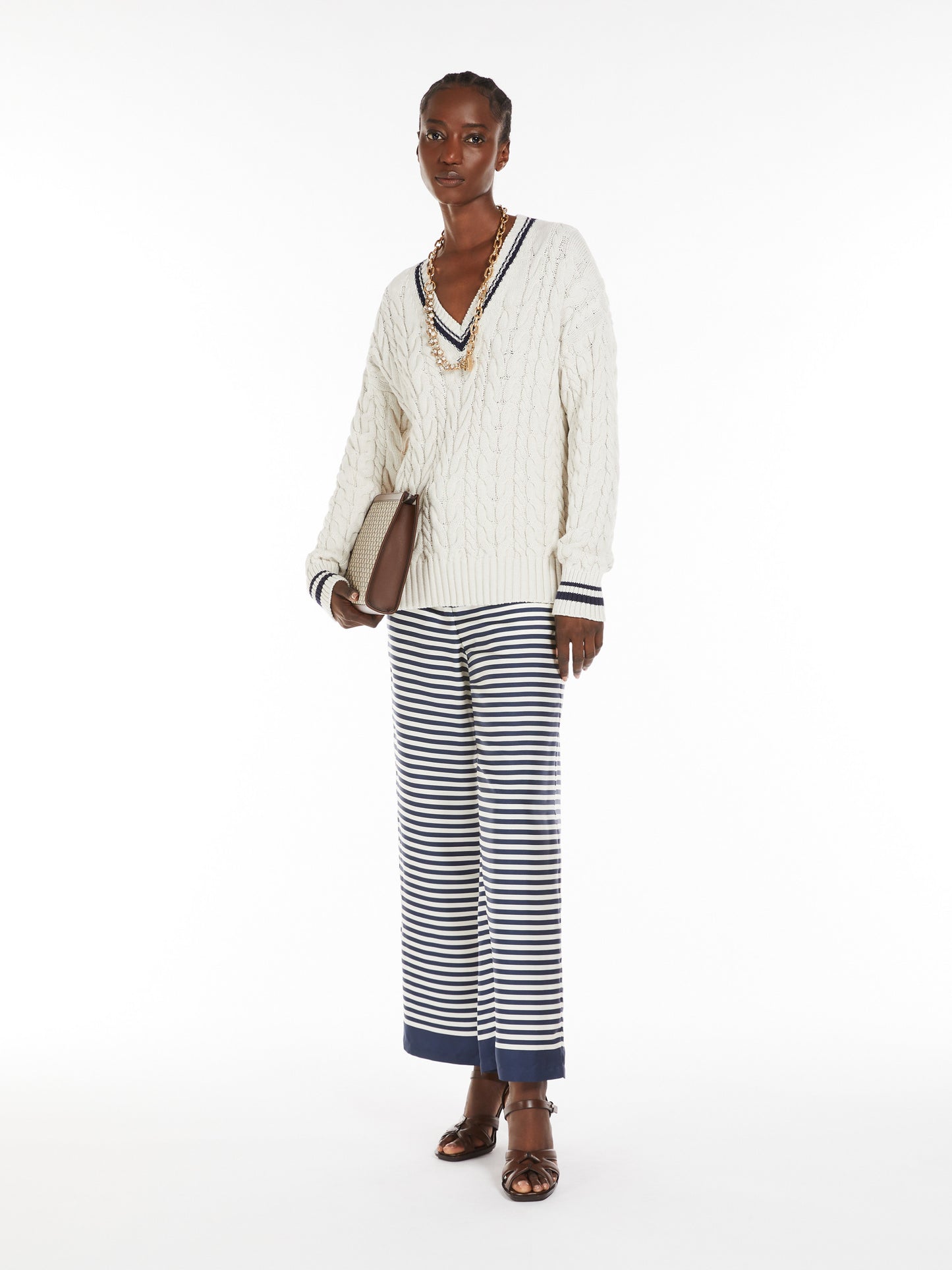 S Max Mara Gemma Jacquard genser med V-hals i bomull Ecru