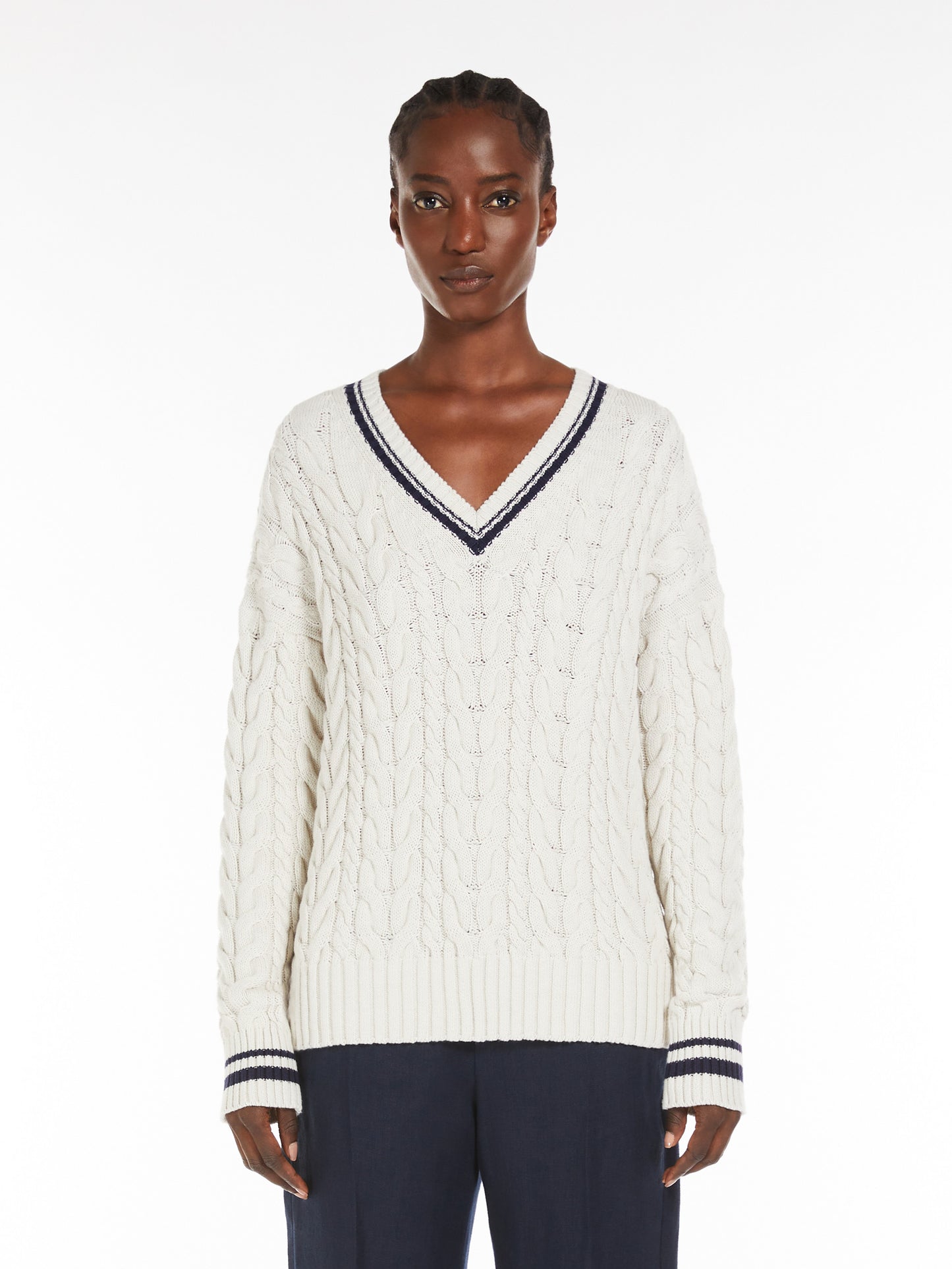 S Max Mara Gemma Jacquard genser med V-hals i bomull Ecru
