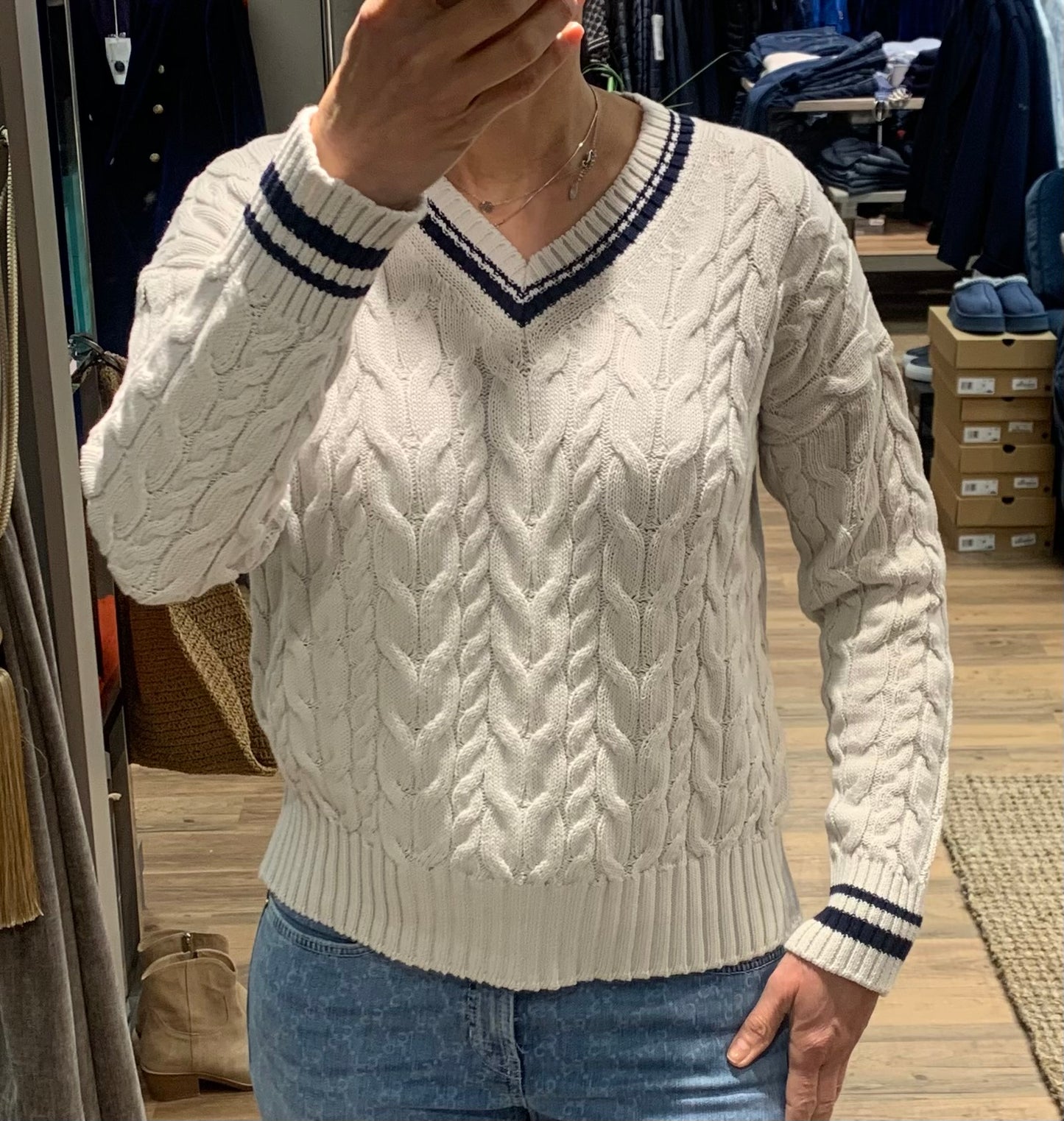 S Max Mara Gemma Jacquard genser med V-hals i bomull Ecru