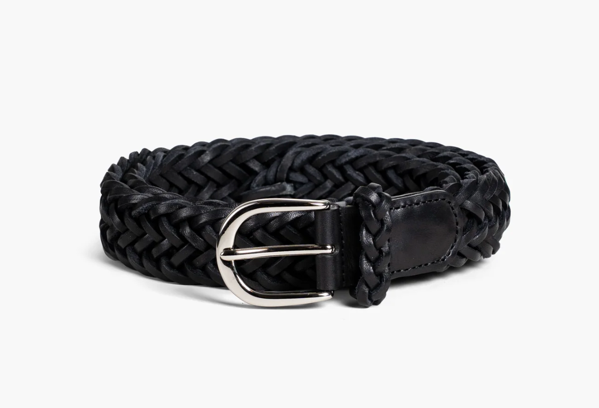 Flettet skinn belte med oval spenne Sort