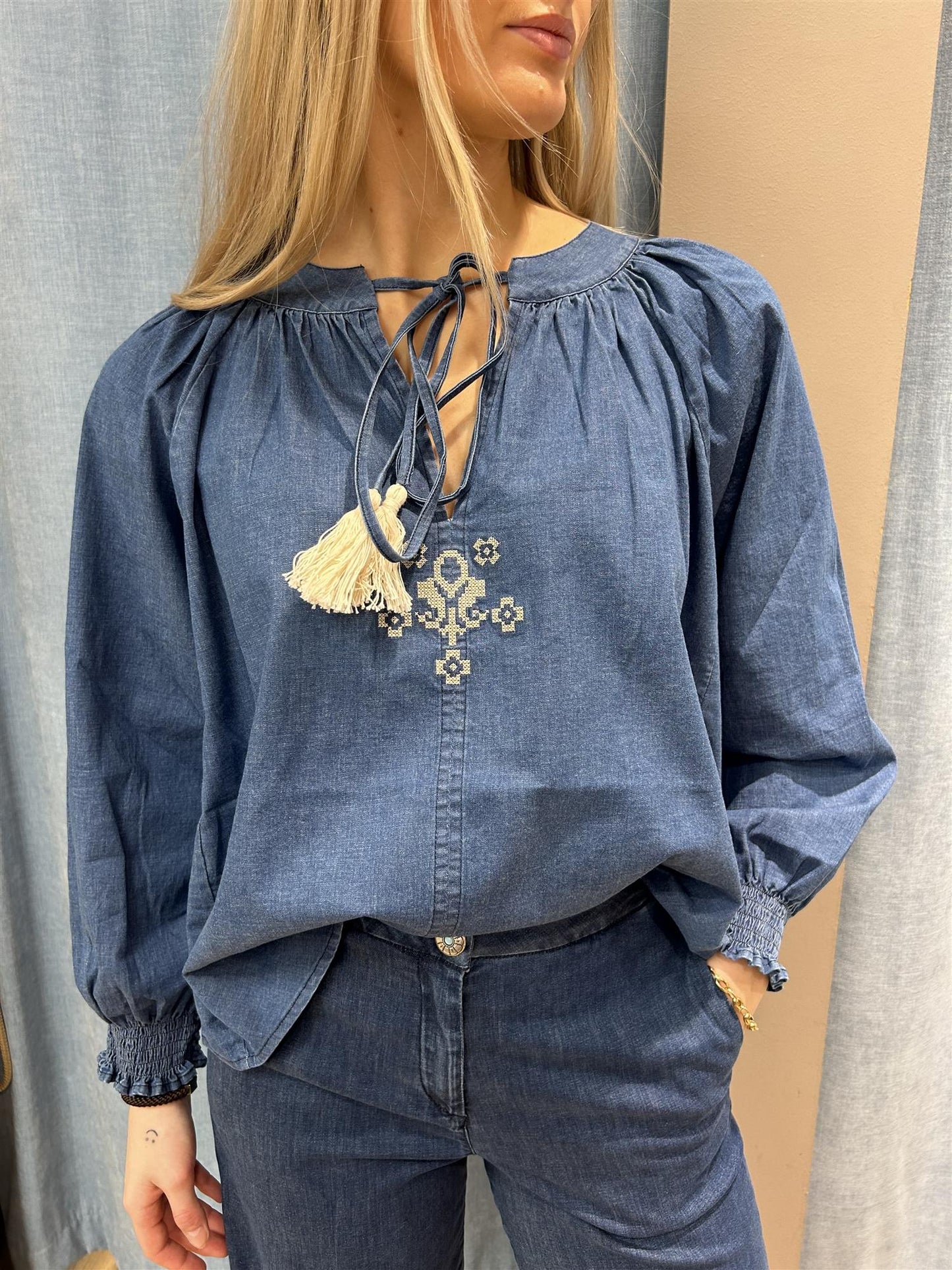 Shaft Blusa Mousse vanlig Shambray stretch Blå denim