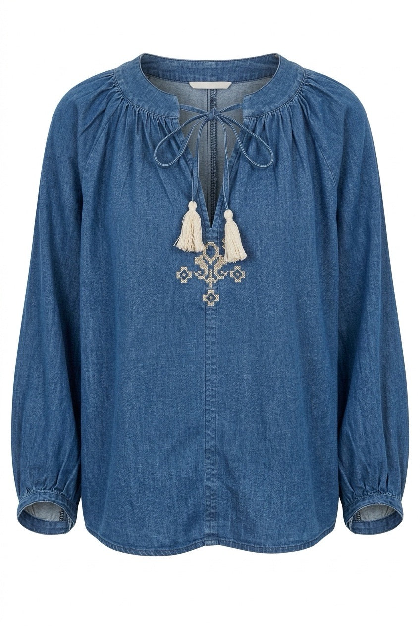 Shaft Blusa Mousse vanlig Shambray stretch Blå denim