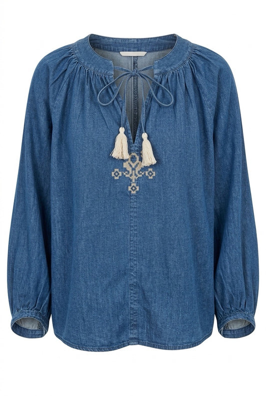 Shaft Blusa Mousse vanlig Shambray stretch Blå denim