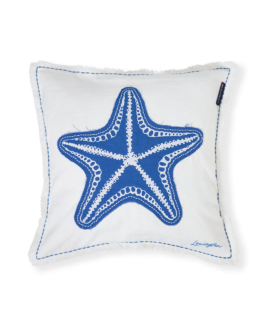 Lexington Summer putetrekk i linblanding med brodert applikasjon hvit/blå 50x50cm