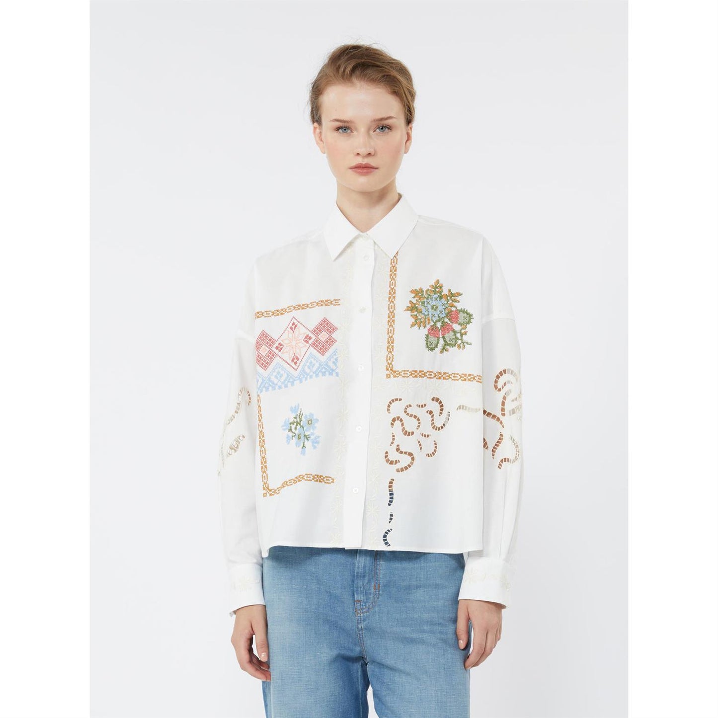 Max Mara Wkdfonte Bomullsbluse med blonder og broderier Hvit