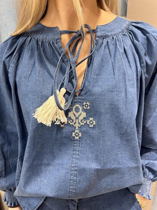 Shaft Blusa Mousse vanlig Shambray stretch Blå denim