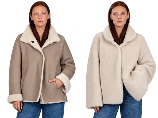 Møller Pelse Elin vendbar Shearling jakke 65cm Beige/Off-White