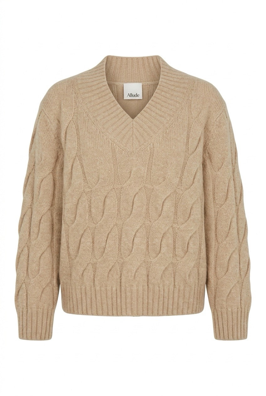 Allude Pullover V-hals og flettestrikk Beige