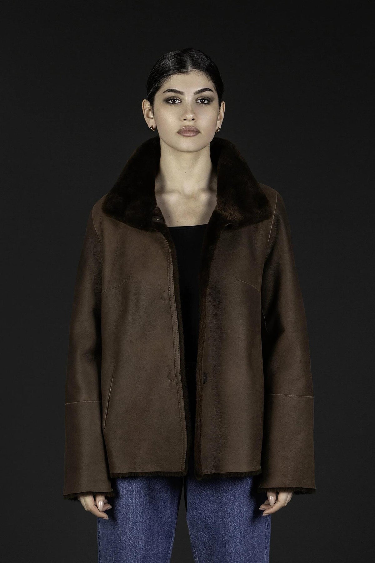 Møller Pels Elin Shearling jakke VENDBAR 65cm Kakao/Sort